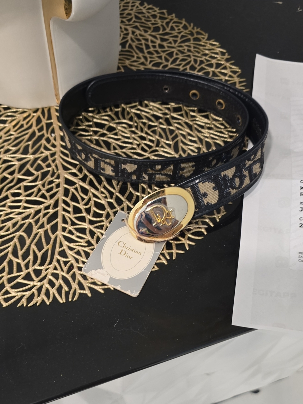 Dior Black and Beige Logo Jacquard Belt with Gold Oval CD Buckle Vintage